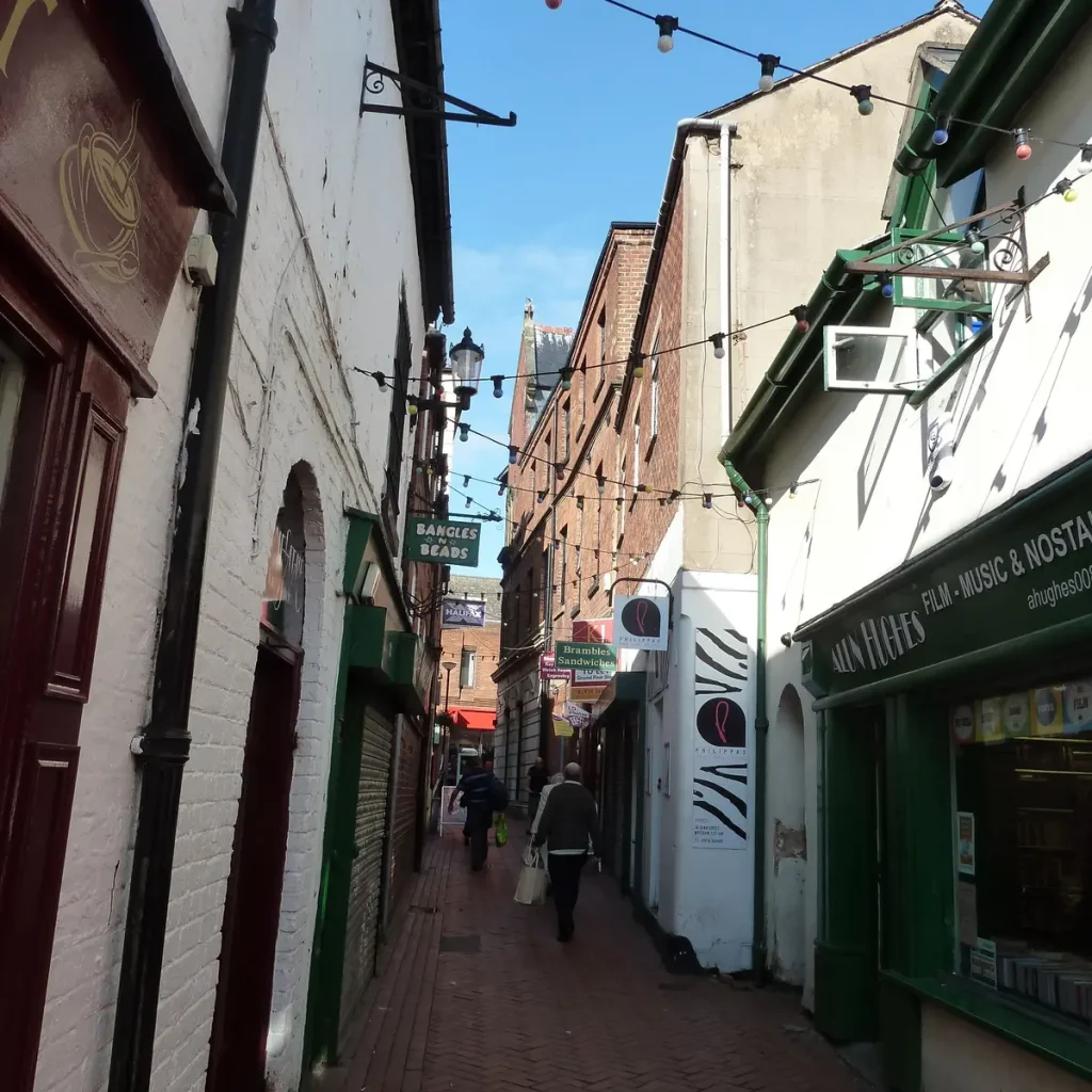 A pedestrian shopping street in Wrexham town centre, representing the areas Dee Valley Locksmiths cover as a trusted local emergency locksmith